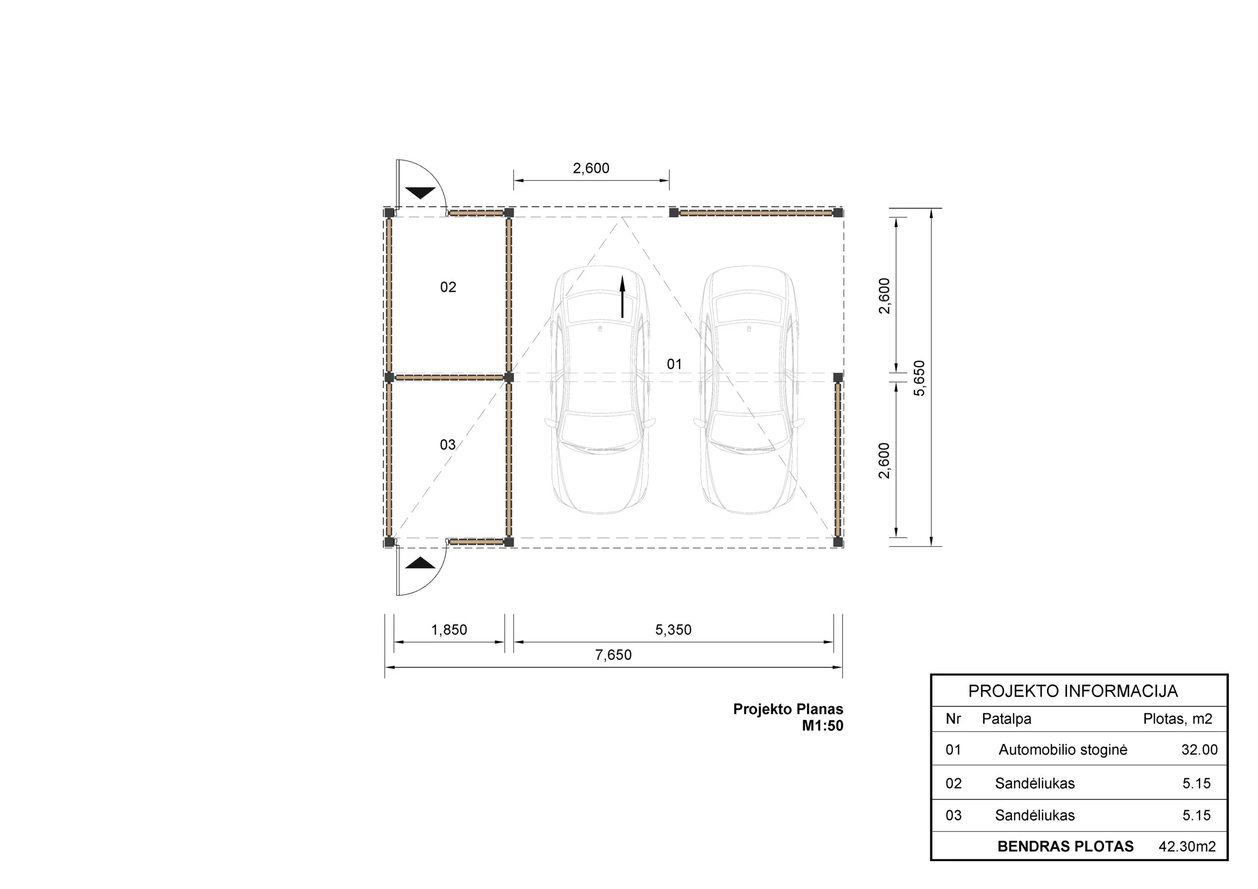 Dviguba medinė automobilio stoginė+sandėliukas Anika, 7.6x5.6, 42.50m² 2 anika facad 01 plan